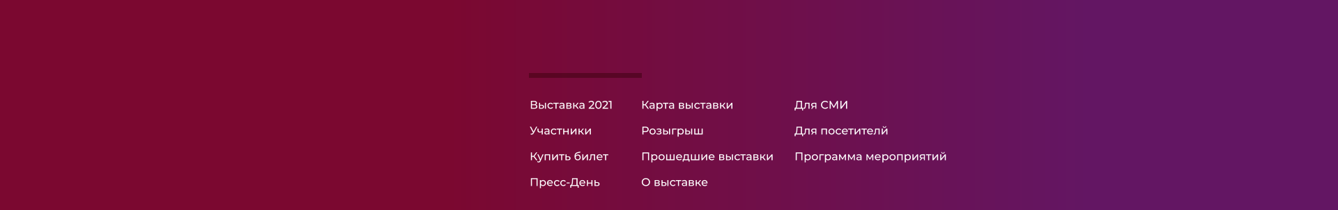 Выставка 2021 Участники Купить билет Пресс-День  Карта выставки Розыгрыш Прошедшие выставки О выставке Для СМИ Для посетителй Программа мероприятий